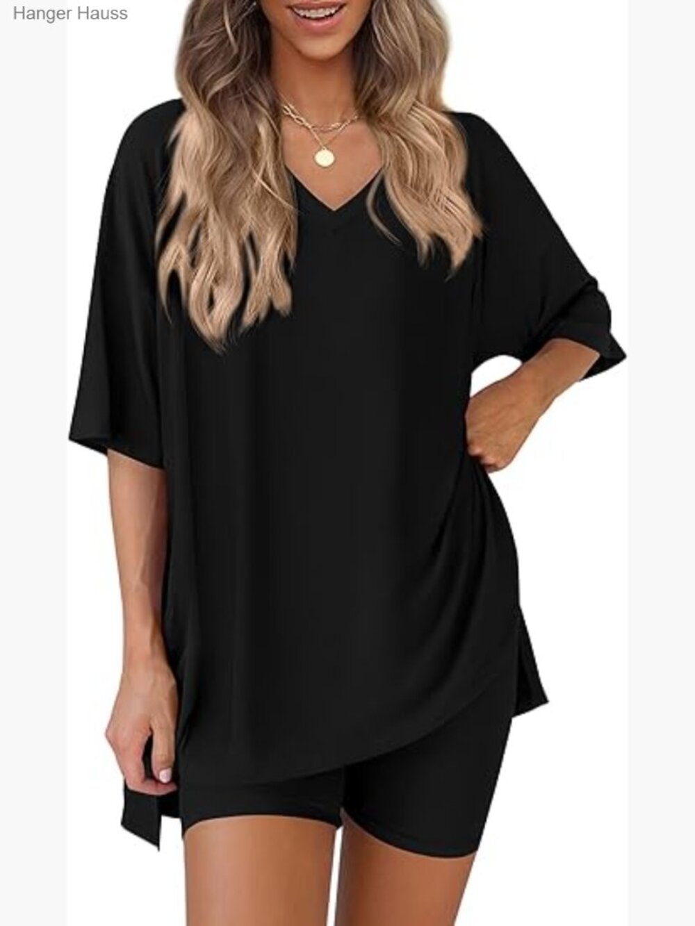 2 Piece Lounge Set V Neck T Shirt & Biker Shorts Oversized Matching Sets
